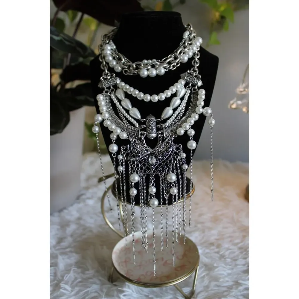 Free People Silver Pearl Statement Bib Necklace Boho Layered Fringe msrp 99